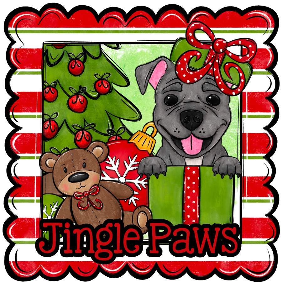 Pit Bull Wreath Sign, Jingle Paws Dog Sign, 12" Wreath Sign, DCO-W-00132