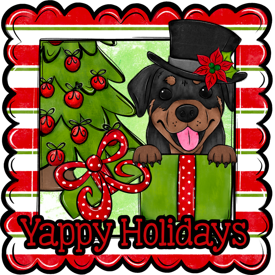 Rottweiler Wreath Sign, Yappy Holidays Dog Sign, 22" Door Hanger, DCO-W-00136-DH