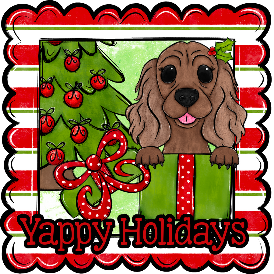 Cocker Spaniel Wreath Sign, Yappy Holidays Dog Sign, 22" Door Hanger, DCO-W-00142-DH