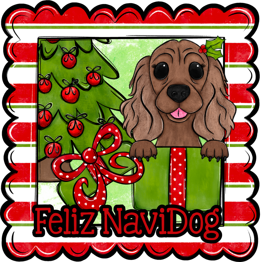 Cocker Spaniel Wreath Sign, Feliz NaviDog Dog Sign, 12" Wreath Sign, DCO-W-00143