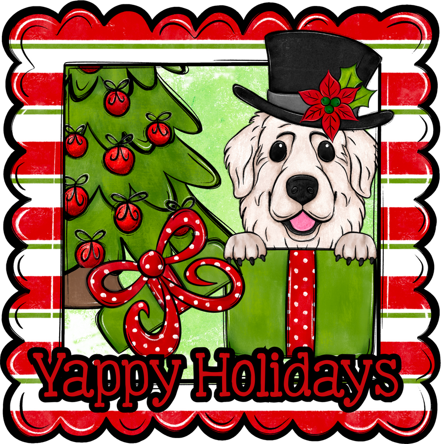 Great Pyrenees Wreath Sign, Yappy Holidays Dog Sign, 22" Door Hanger, DCO-W-00148-DH