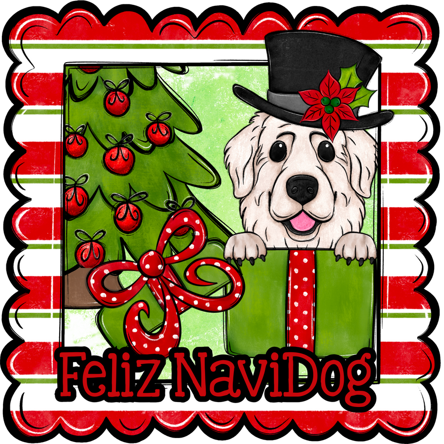 Great Pyrenees Wreath Sign, Feliz NaviDog Dog Sign, 22" Door Hanger, DCO-W-00149-DH