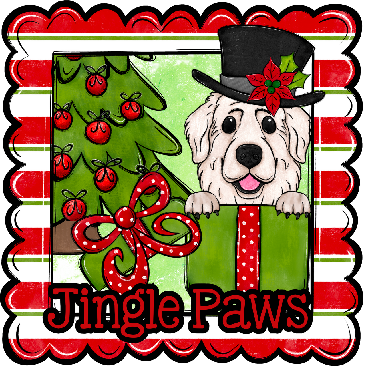 Great Pyrenees Wreath Sign, Jingle Paws Dog Sign, 12" Wreath Sign, DCO-W-00150