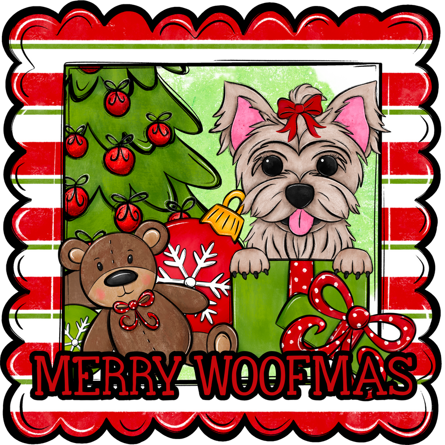 Yorkie Wreath Sign, Merry Woofmas Dog Sign, 12" Wreath Sign, DCO-W-00156