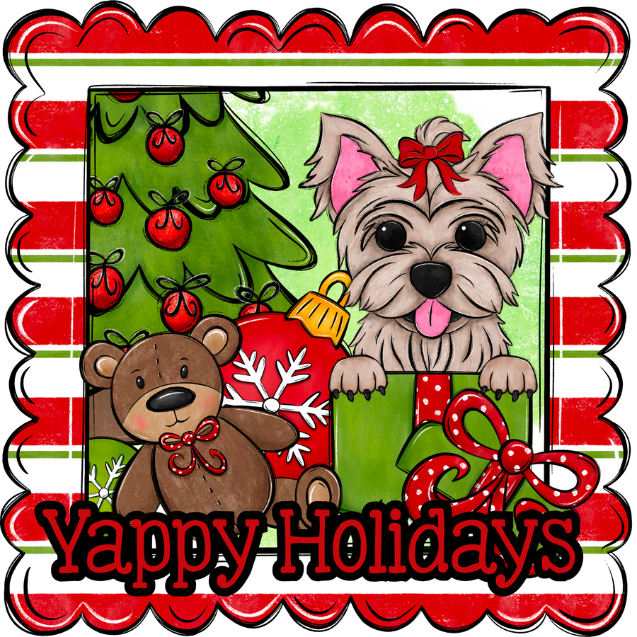Yorkie Wreath Sign, Yappy Holidays Dog Sign, 22" Door Hanger, DCO-W-00159-DH