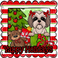 Thumbnail for Shih Tzu Wreath Sign, Yappy Holidays Dog Sign, 12in Wreath Sign, DCO-W-00162