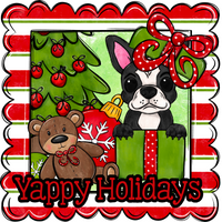 Thumbnail for Boston Terrier Wreath Sign, Yappy Holidays Dog Sign, 12in Wreath Sign, DCO-W-00164