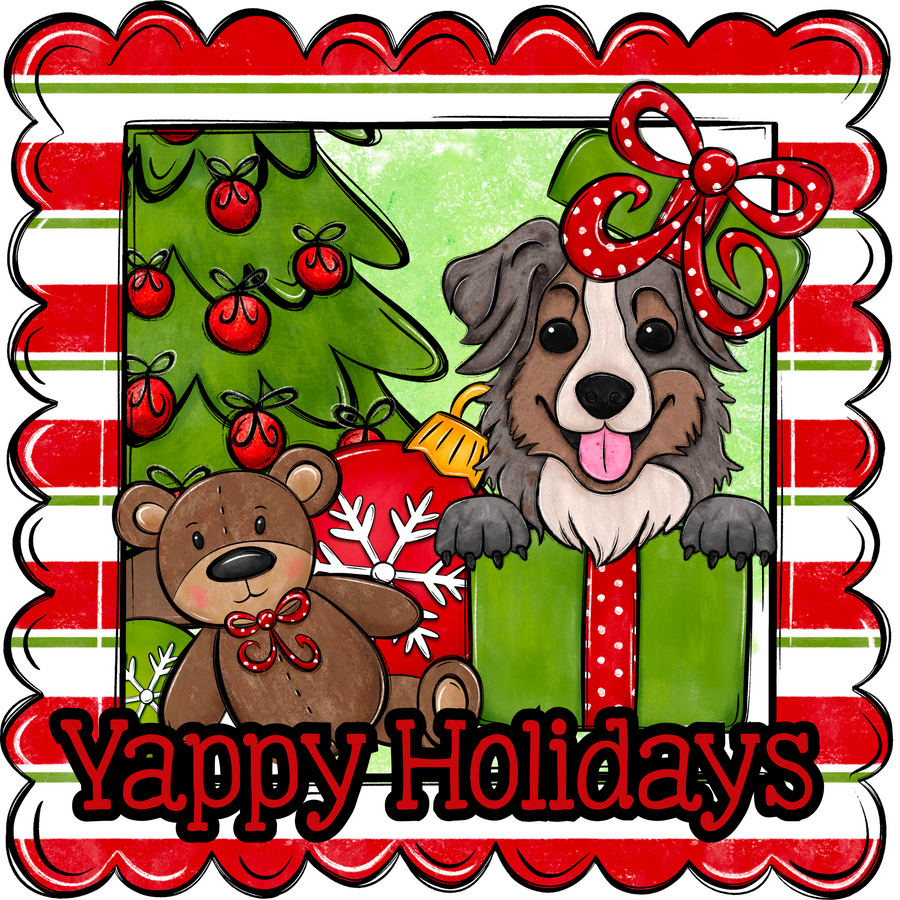 Aussie Wreath Sign, Yappy Holidays Dog Sign, 22" door hanger, DCO-W-00165-DH