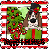 Thumbnail for Basset Hound Wreath Sign, Yappy Holidays Dog Sign, 12in Wreath Sign, DCO-W-00167