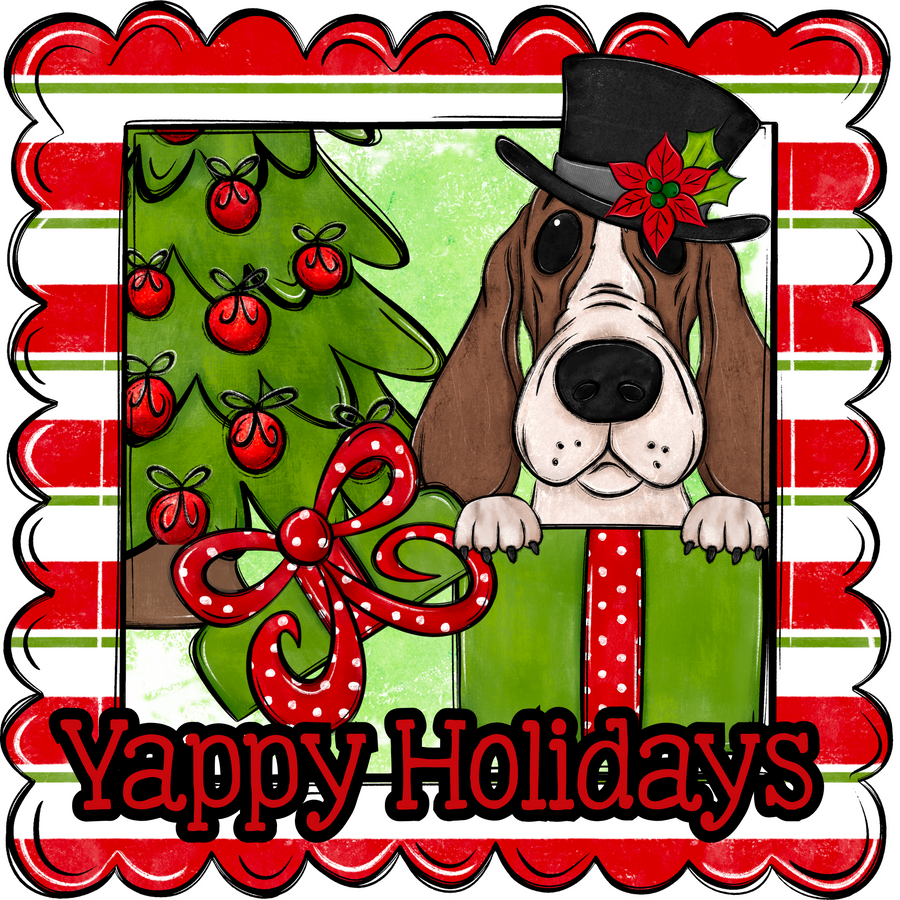 Basset Hound Wreath Sign, Yappy Holidays Dog Sign, 22" door hanger, DCO-W-00167-DH