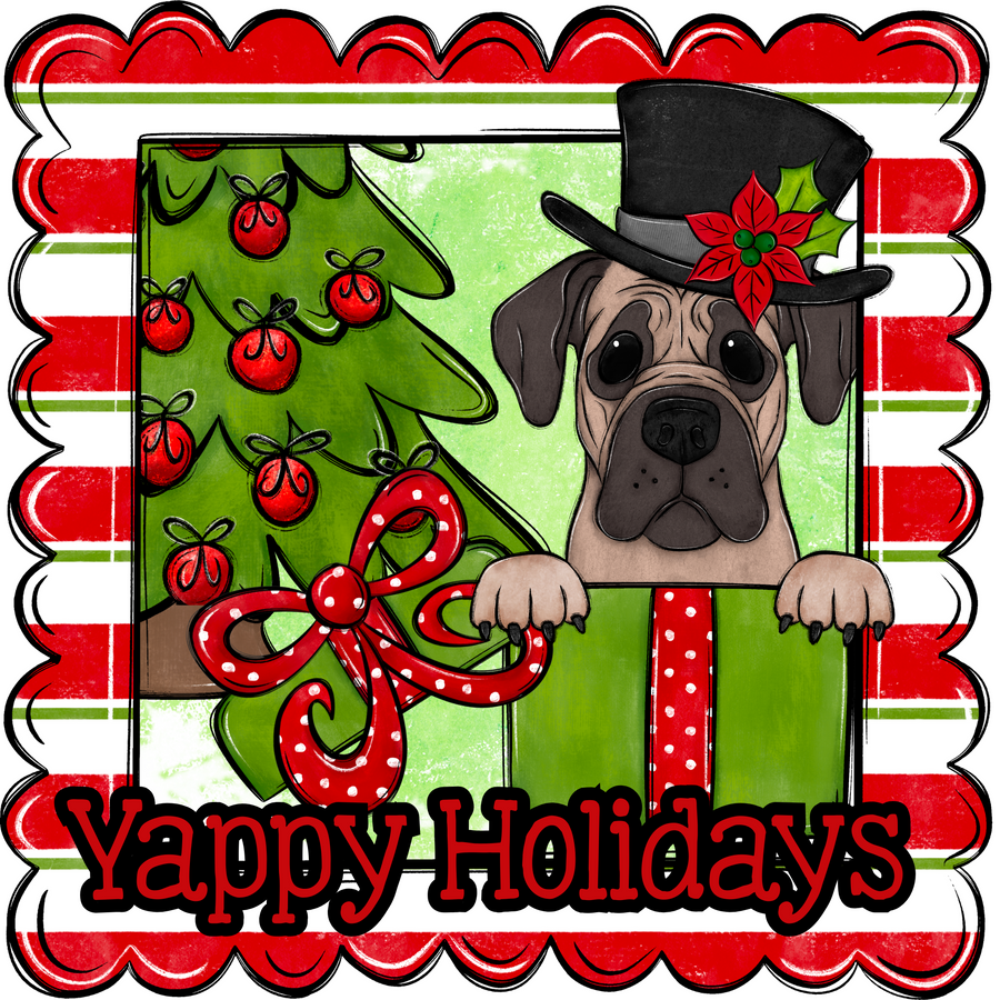 Mastiff Wreath Sign, Yappy Holidays Dog Sign, 22" door hanger, DCO-W-00169-DH
