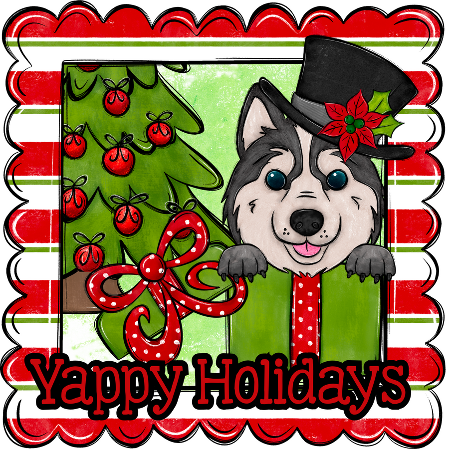 Huskey Wreath Sign, Yappy Holidays Dog Sign, 22" door hanger, DCO-W-00170-DH