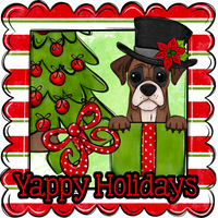 Thumbnail for Boxer Wreath Sign, Yappy Holidays Dog Sign, 12in Wreath Sign, DCO-W-00172