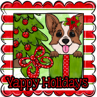 Thumbnail for Corgi Wreath Sign, Yappy Holidays Dog Sign, 12in Wreath Sign, DCO-W-00174