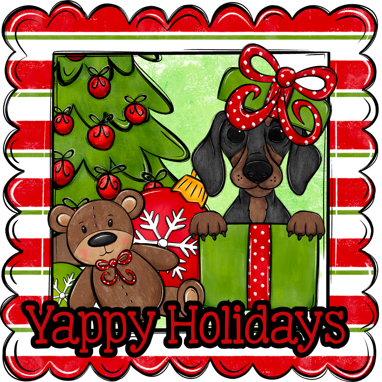 Dachshund Wreath Sign, Yappy Holidays Dog Sign, 12in Wreath Sign, DCO-W-00175