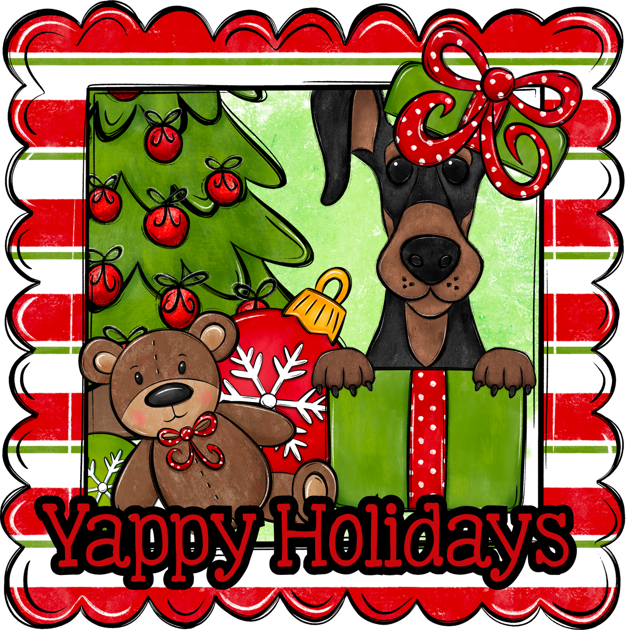 Dobermann Wreath Sign, Yappy Holidays Dog Sign, 12in Wreath Sign, DCO-W-00176