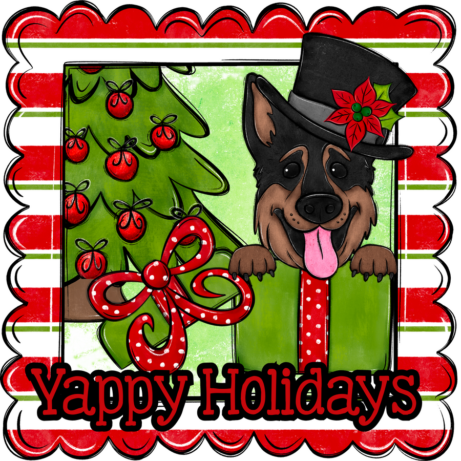 German Shepherd Wreath Sign, Yappy Holidays Dog Sign, 12in Wreath Sign, DCO-W-00178