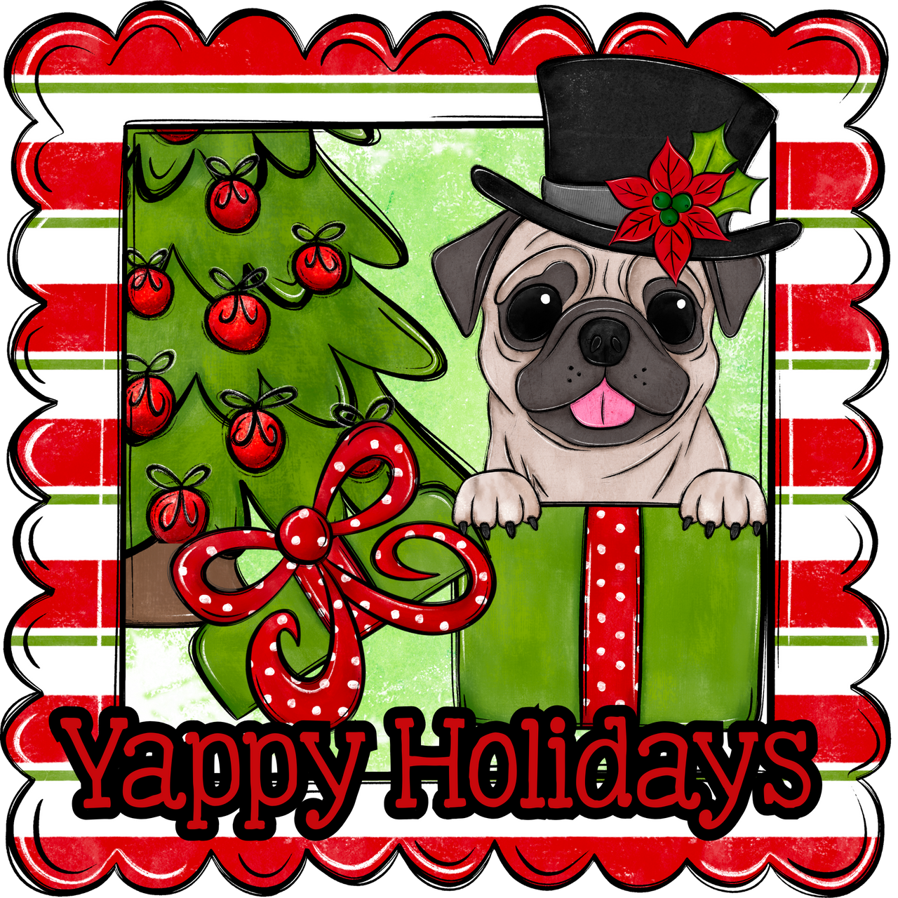 Pug Yappy Holidays Dog 22" Wood Door Hanger - 47258632749211