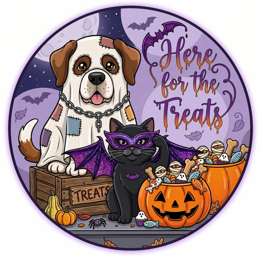 Cat and Dog Halloween 12" Wood Wreath Sign - DCO-W-1545