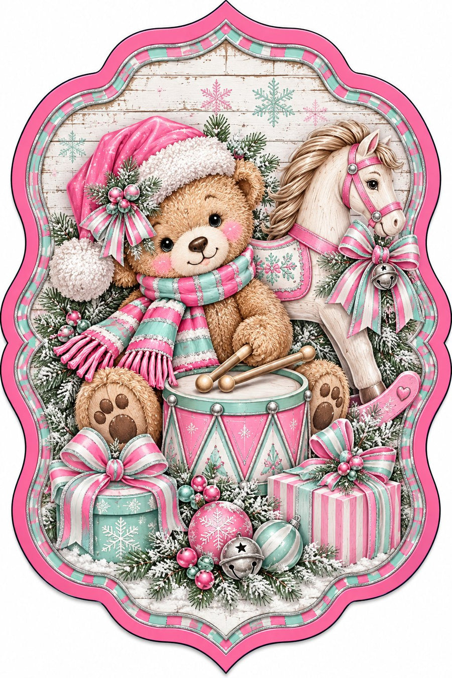 Pink Toyland Teddy Bear 14" Wood Wreath Sign - DCO-W-1559