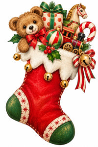 Thumbnail for Christmas Stocking with Toys 14" Wood Wreath Sign - DCO-W-1560