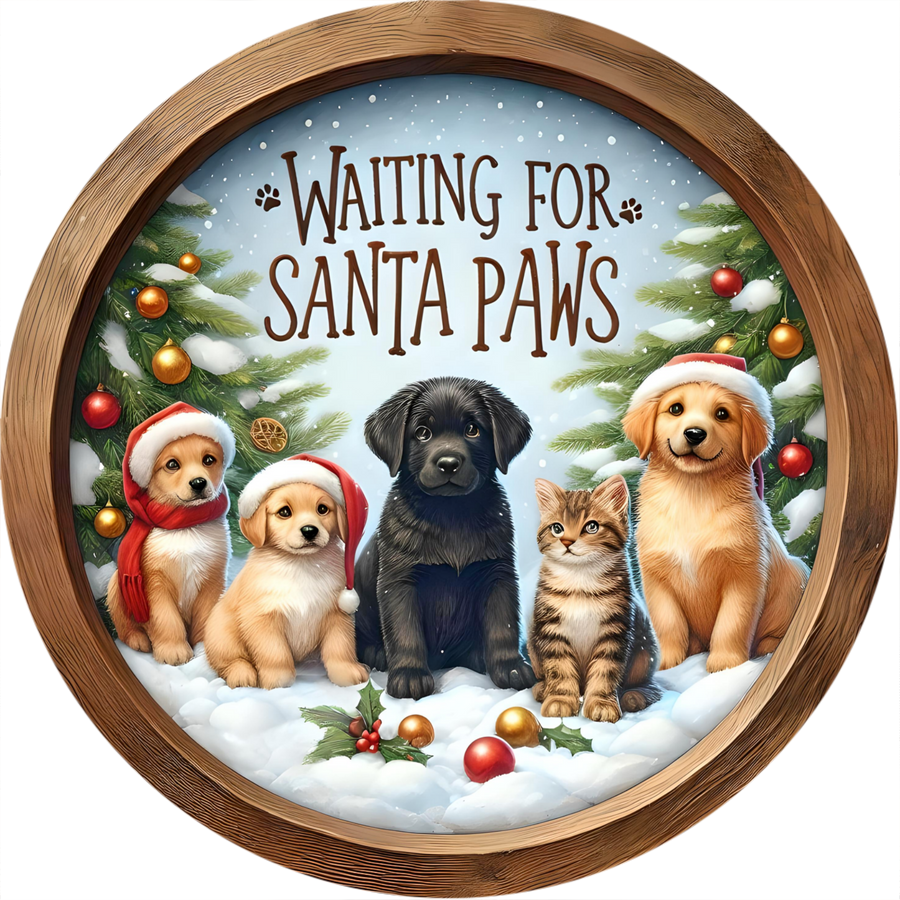 Christmas Dogs Santa Paws 10" Wood Wreath Sign - DECOE-5319-D