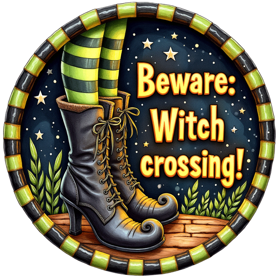 Beware Witch Crossing 10" Wood Wreath Sign - DECOE-5431-D