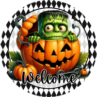Thumbnail for Frankie and Pumpkin 10" Wood Wreath Sign - DECOE-5443-D