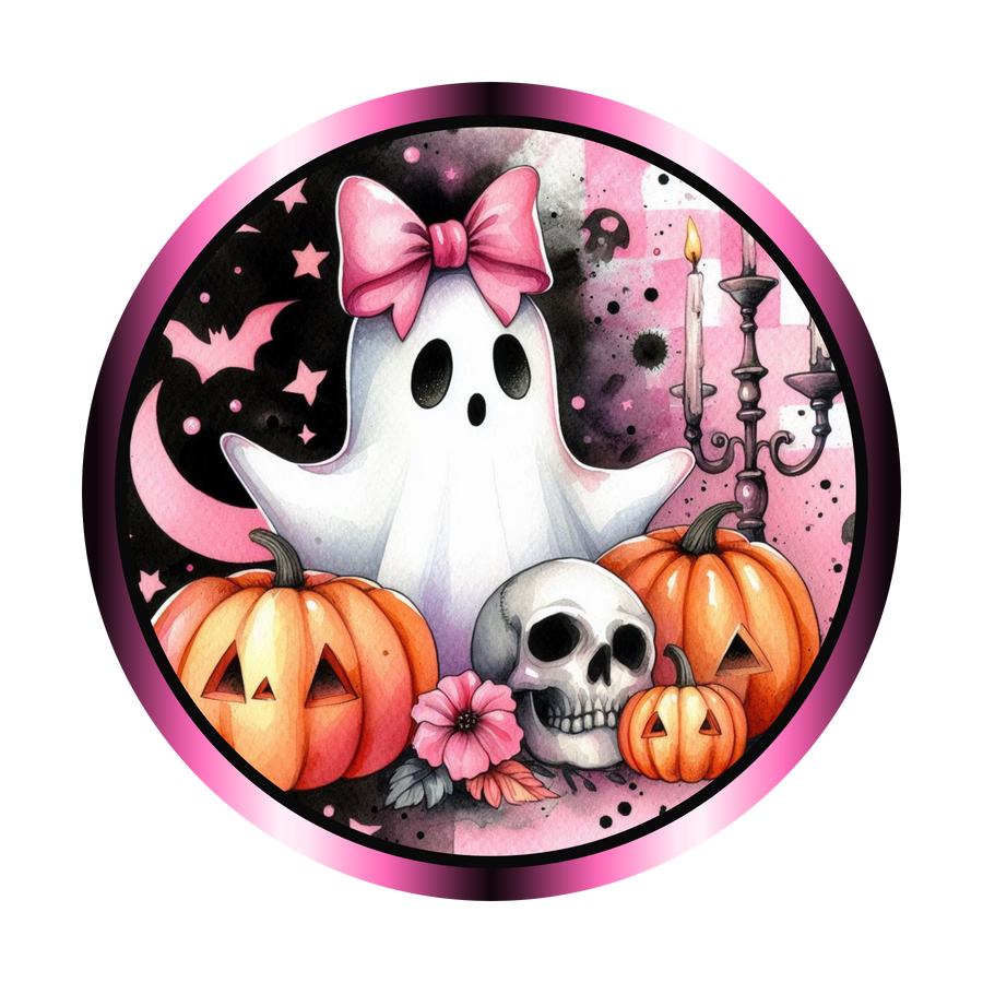 Pink Ghost 10" Wood Wreath Sign - DECOE-5473-D