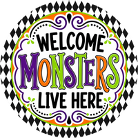Thumbnail for Welcome Halloween Monsters Live Here 10" Wood Wreath Sign - DECOE-5523-D