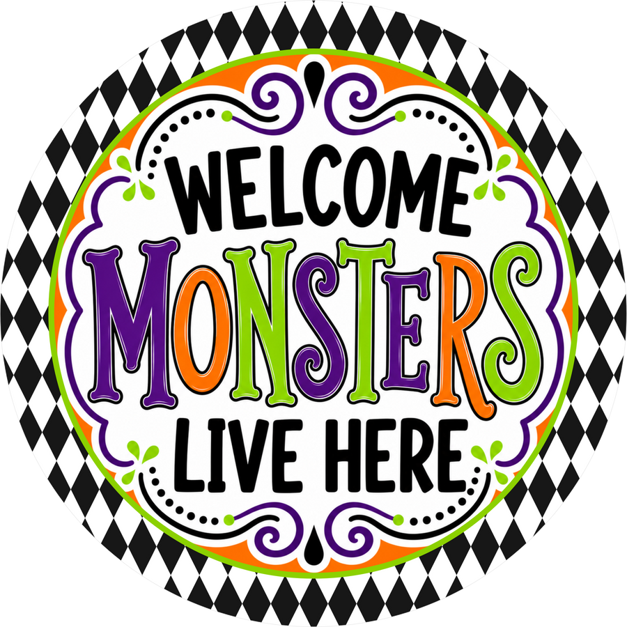 Welcome Halloween Monsters Live Here 10" Wood Wreath Sign - DECOE-5523-D