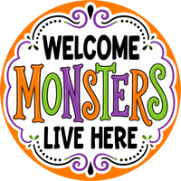 Thumbnail for Welcome Halloween Monsters Live Here 18" Wood Door Hanger - DECOE-5524-DH