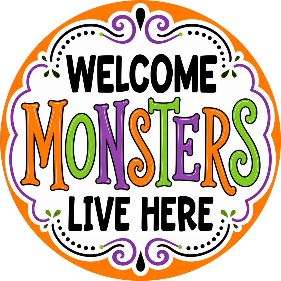 Welcome Halloween Monsters Live Here 18" Wood Door Hanger - DECOE-5524-DH