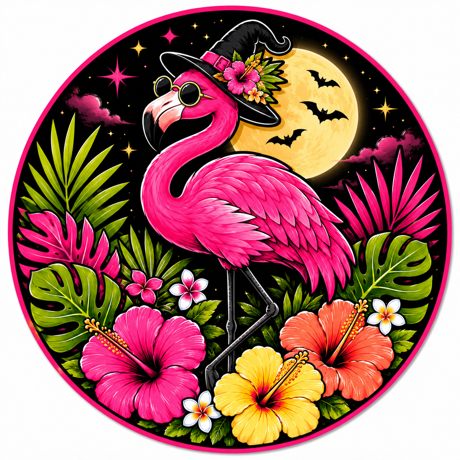 Summerween Flamingo Witch Hat 10" Wood Wreath Sign - SCW-W-0011