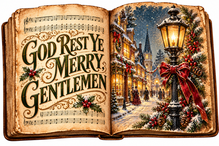 God Rest Ye Merry Gentlemen Vintage Songbook 14x10" Wood Wreath Sign - DCO-W-1571