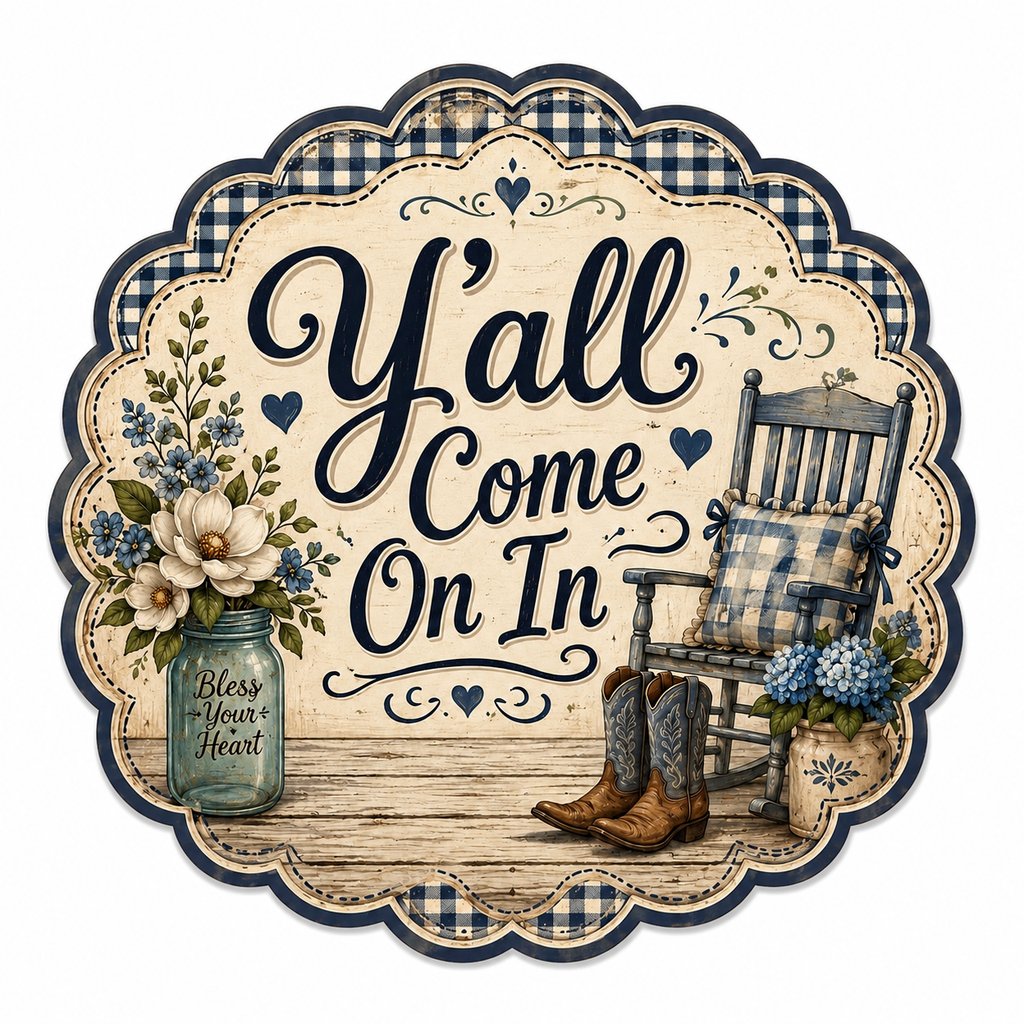 Y'all Come On In Navy Gingham 12" Wood Wreath Sign - HVA-W-0008