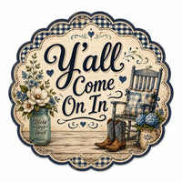Thumbnail for Y'all Come On In Navy Gingham 12" Wood Wreath Sign - HVA-W-0008
