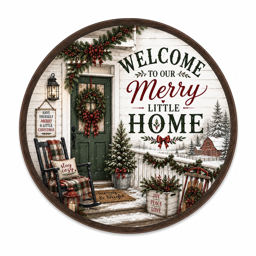 Welcome To Our Merry Little Home 10" Wood Wreath Sign - HVA-W-0010