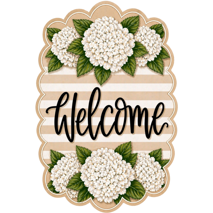Cream Hydrangea Welcome 14" Wood Wreath Sign - MF-W-0007