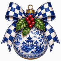 Thumbnail for Blue Ornament with Bow 14" Wood Wreath Sign - MF-W-0019