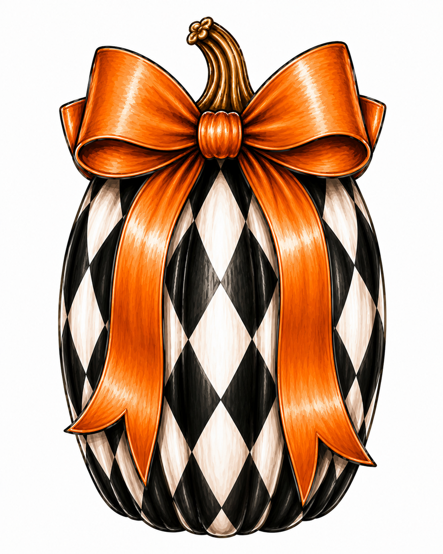 Black and White Pumpkin with orange bow 12" Wood Wreath Sign - MF-W-0044