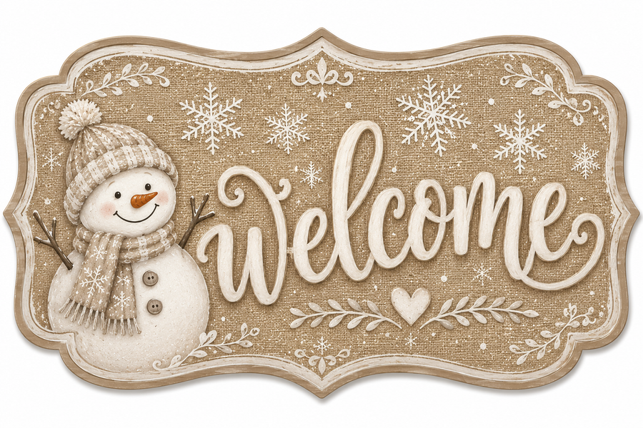 Snowman Welcome Burlap 12" Wood Wreath Sign - MF-W-0063