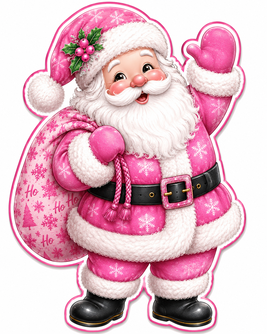 Pink Santa with Gift Bag 12" Wood Wreath Sign - MF-W-0065