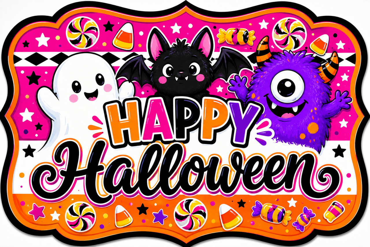 Happy Halloween Ghost Bat and Monster 12" Wood Wreath Sign - MF-W-0066