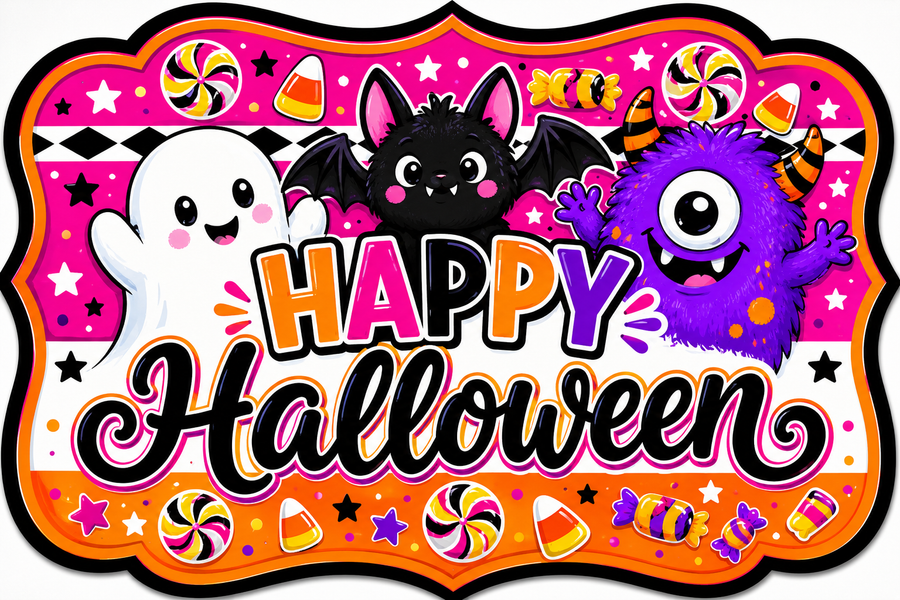 Happy Halloween Ghost Bat and Monster 12" Wood Wreath Sign - MF-W-0066