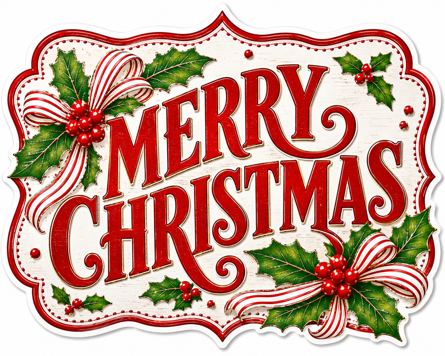 Merry Christmas Holly and Candy Cane Bow 12" Wood Wreath Sign - MF-W-0071