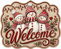 Thumbnail for Three Snowmen Welcome Burlap 12" Wood Wreath Sign - MF-W-0073