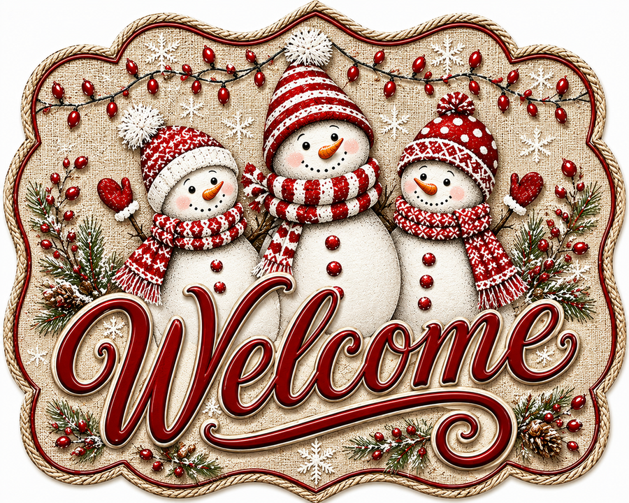 Three Snowmen Welcome Burlap 12" Wood Wreath Sign - MF-W-0073
