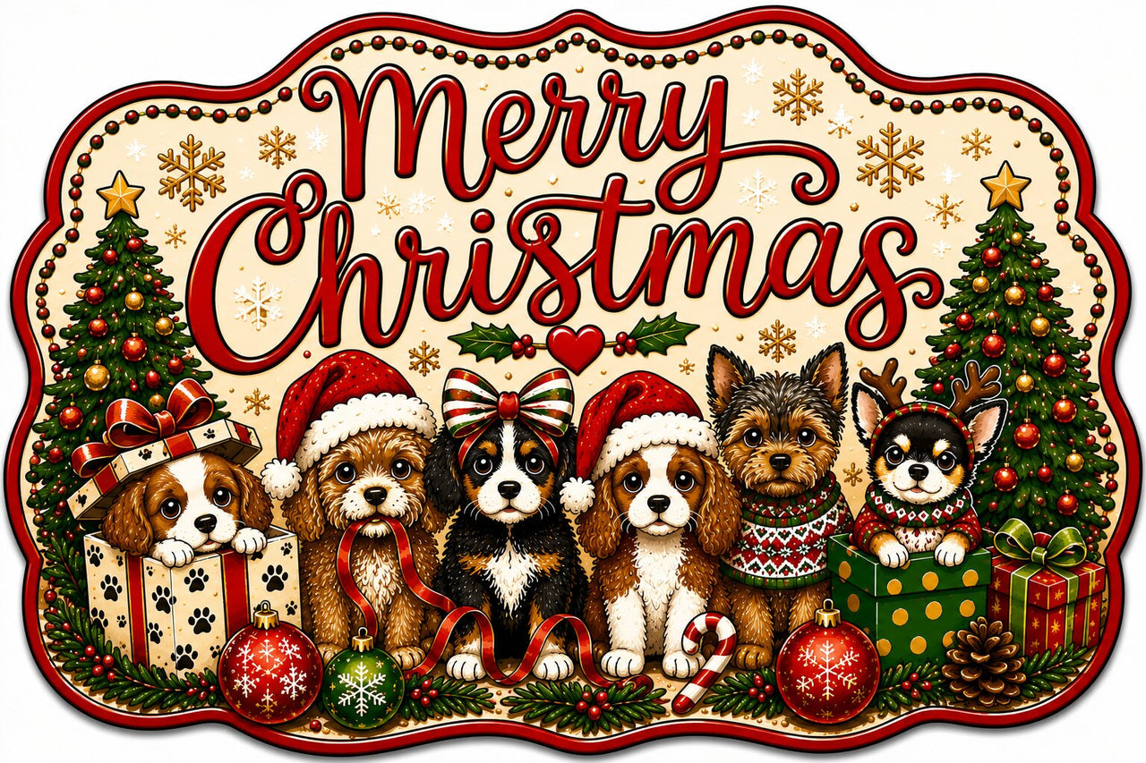 Merry Christmas Puppies 12" Wood Wreath Sign - MF-W-0111