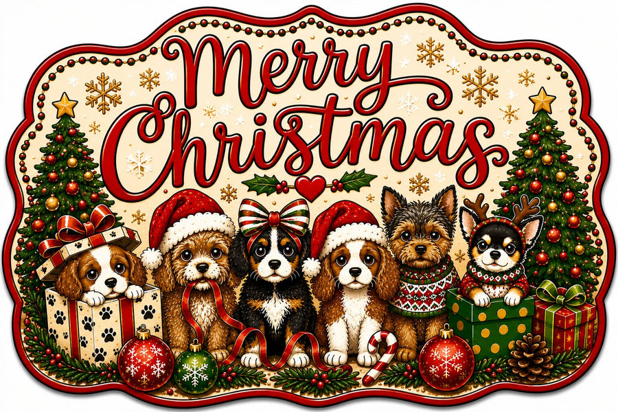 Merry Christmas Puppies 12" Wood Wreath Sign - MF-W-0111